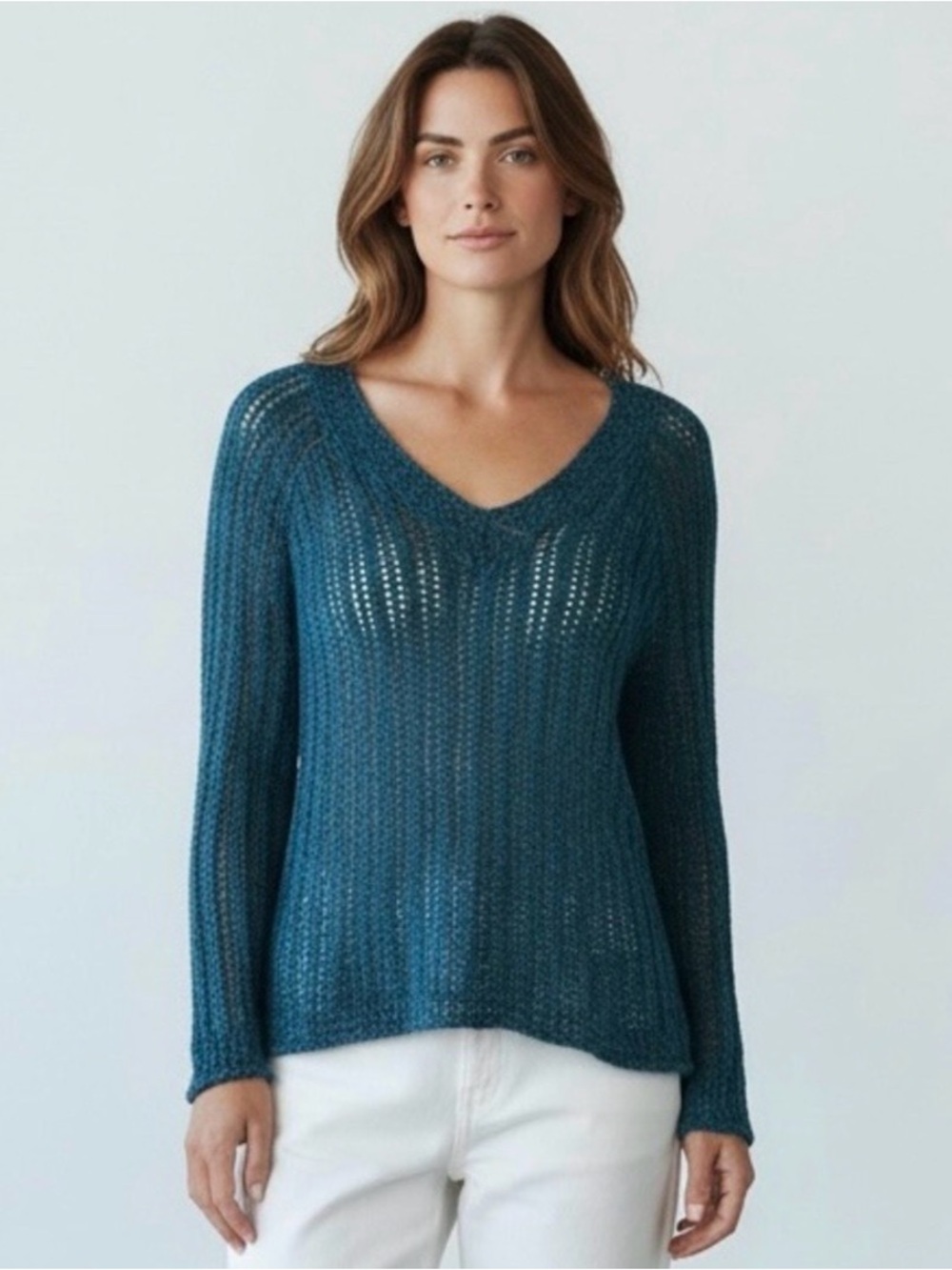 Lucky Brand Knit Crochet‎ Semi Sheer V-Neck Blue Knit Sweater